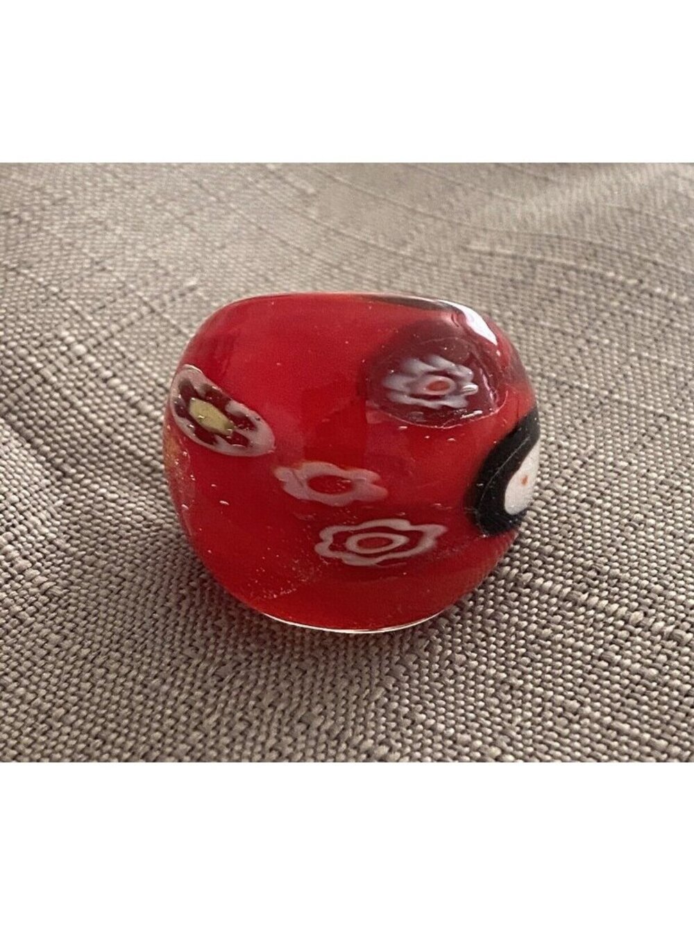 Murano Red Glass Dome Cocktail Ring Size 8 With Multi Color Millefiori